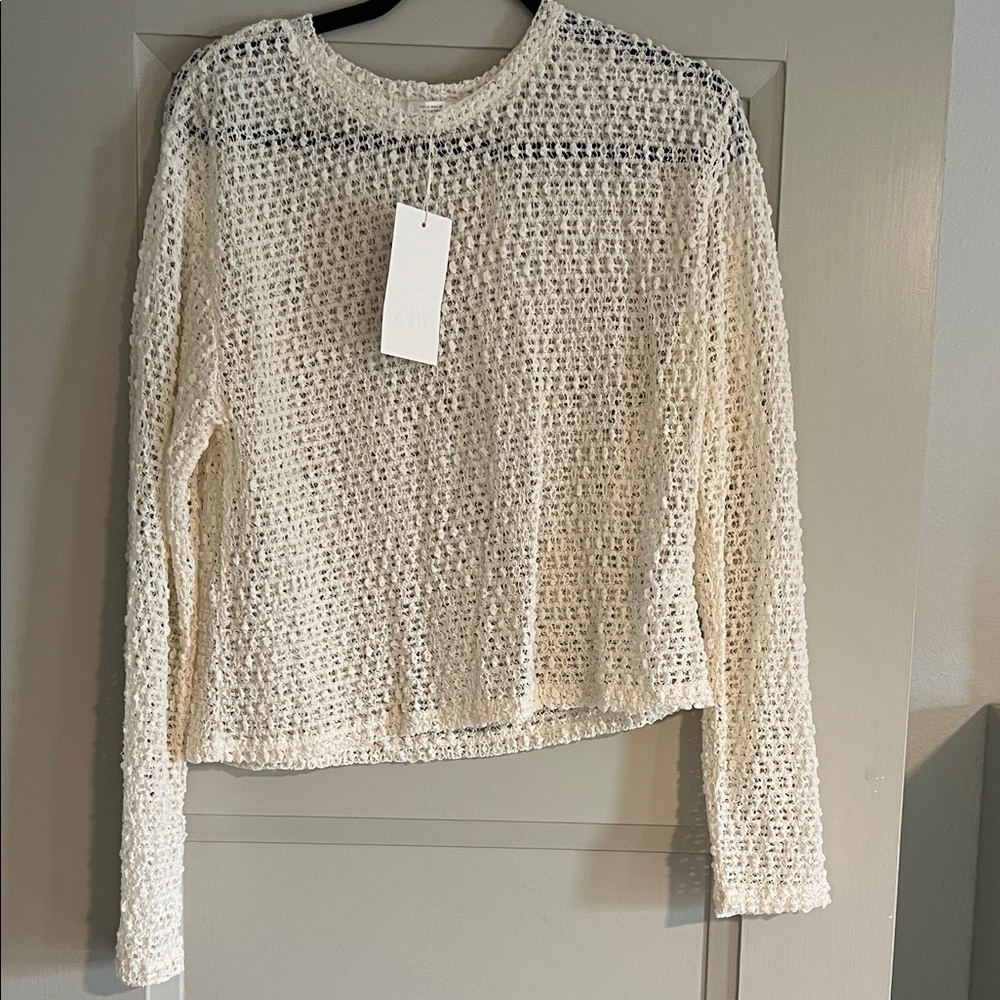 Zara Cream Textured Long Sleeve Top